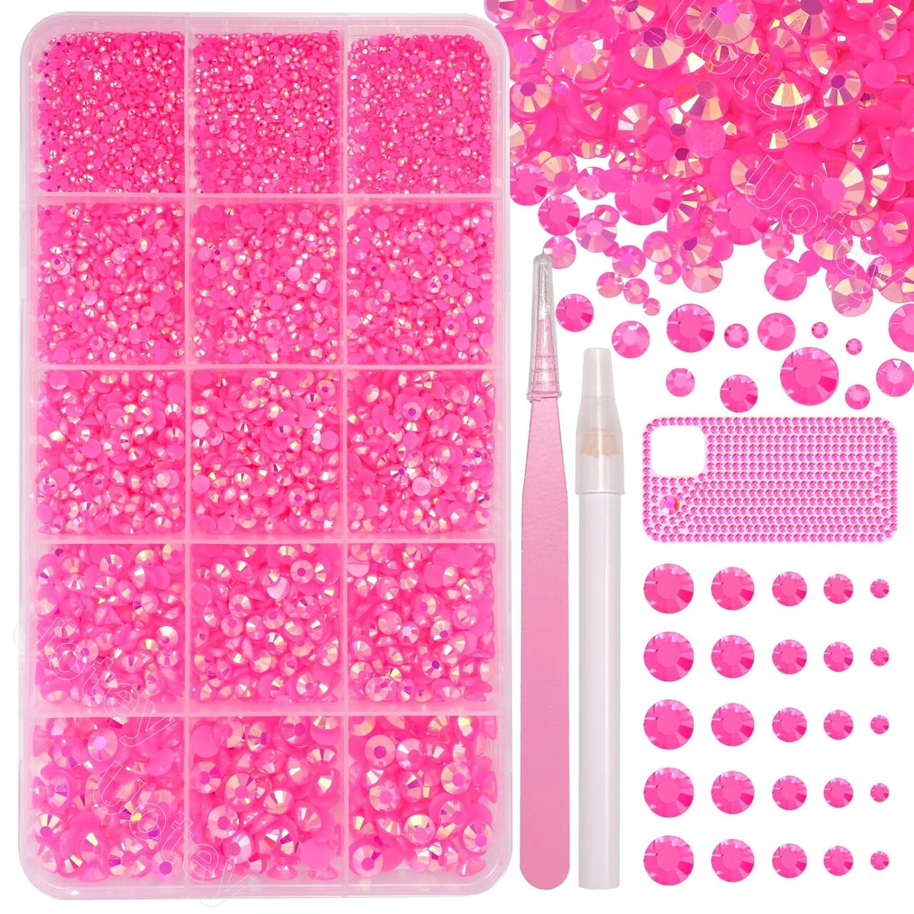 16000 Pcs Flat Back Resin Rhinestones with Pickup Tool - Hot Pink (Mixed Sizes)